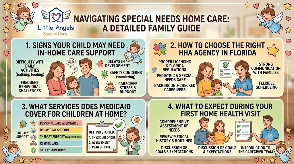 Navigating Special Needs Home Care: A Detailed Family Guide" by Little Angels Special Care. The graphic is split into four colorful, child-friendly panels with cartoon illustrations showing families and healthcare workers. Panel 1 outlines signs a child needs in-home support. Panel 2 explains how to choose an HHA agency in Florida. Panel 3 lists services covered by Medicaid at home. Panel 4 details what to expect during a first home health visit. The official Little Angels Special Care logo is displayed in the top-left corner.