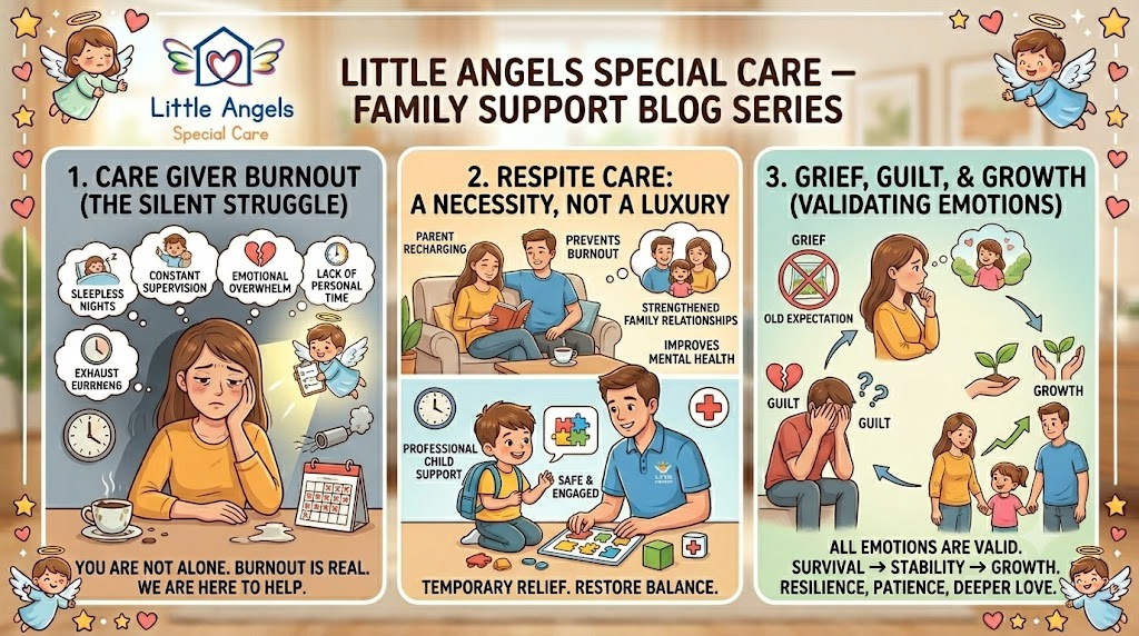 An illustrated infographic from Little Angels Special Care with a cheerful, child-friendly design and decorative border with flying cartoon angels. The image is divided into three key panels with supportive cartoon families and healthcare workers. The first panel is titled "1. CAREGIVER BURNOUT (THE SILENT STRUGGLE)" and shows a weary mother at a messy table with thought bubbles illustrating sleepless nights, emotional overwhelm, and constant supervision. A caption below states "YOU ARE NOT ALONE. BURNOUT IS REAL. WE ARE HERE TO HELP.". The second panel, "2. RESPITE CARE: A NECESSITY, NOT A LUXURY," shows a relaxed parent couple with the text "PARENT RECHARGING" and "IMPROVES MENTAL HEALTH," and below them, a male aide in a "Little Angels Special Care" polo playing with a happy child using blocks and a structured routine chart, labeled "PROFESSIONAL CHILD SUPPORT" and "SAFE & ENGAGED.". The final panel, "3. GRIEF, GUILT, & GROWTH (VALIDATING EMOTIONS)," uses illustrations to show a parent figure experiencing "GRIEF" with a crossed-out old expectation, "GUILT" with broken heart and question marks, and "GROWTH" with a sprouting plant. The panel emphasizes "ALL EMOTIONS ARE VALID," "SURVIVAL -> STABILITY -> GROWTH," and "RESILIENCE, PATIENCE, DEEPER LOVE.".